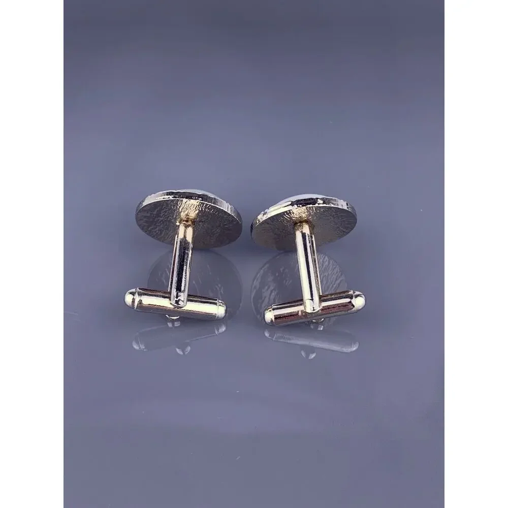 White Round Cabochon Cufflinks Silver Tone Modernist Simple Cats Eye Vintage